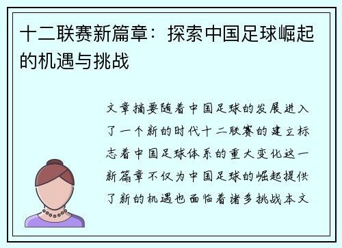 十二联赛新篇章：探索中国足球崛起的机遇与挑战