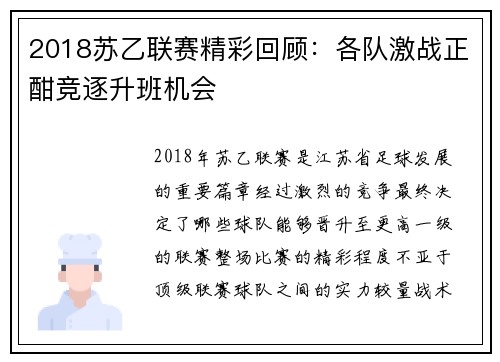 2018苏乙联赛精彩回顾：各队激战正酣竞逐升班机会